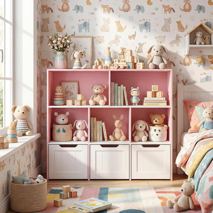 COSTWAY Kinderregal mit Boxen auf Rollen, Bücherregal Kinder mit 5 Fächern & 3 Schubladen, Spielzeug