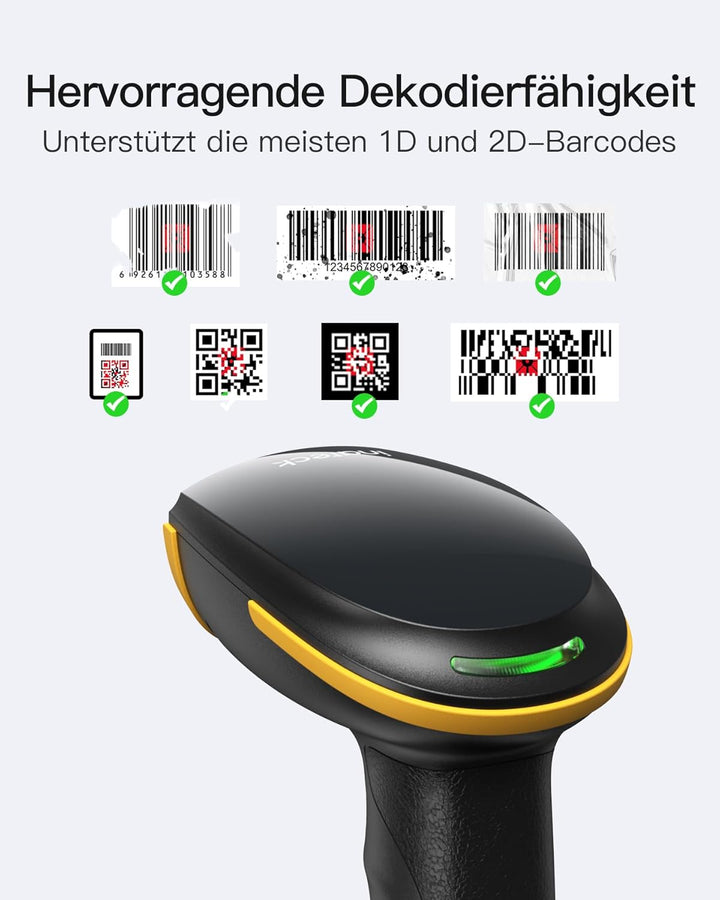 Inateck Barcode Scanner Kabellos, 1D 2D QR Code Scanner, 3-in-1 Handscanner mit Bluetooth, 2,4 GHz u