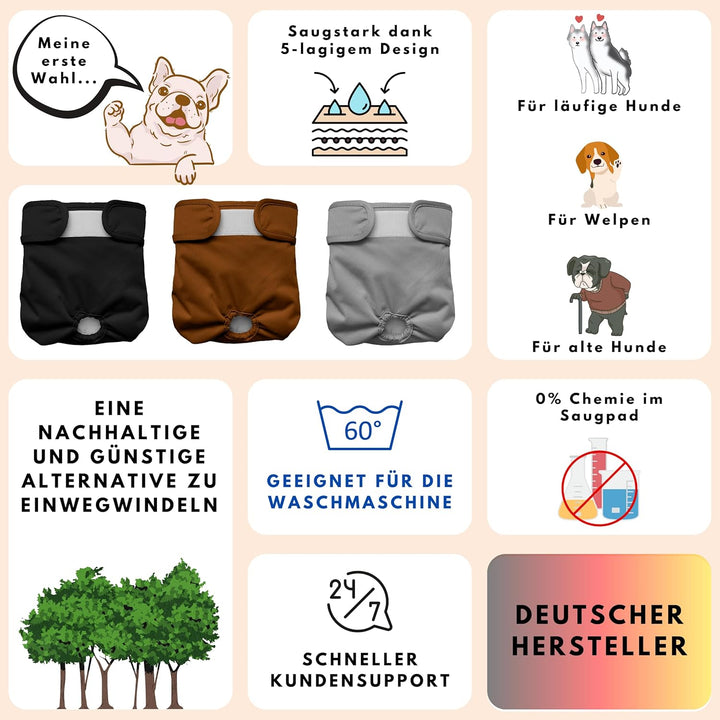 Alpenstern® Wiederverwendbare Hundewindeln für Hündinnen (3 Stück) Waschbare Läufigkeitshose für Hün