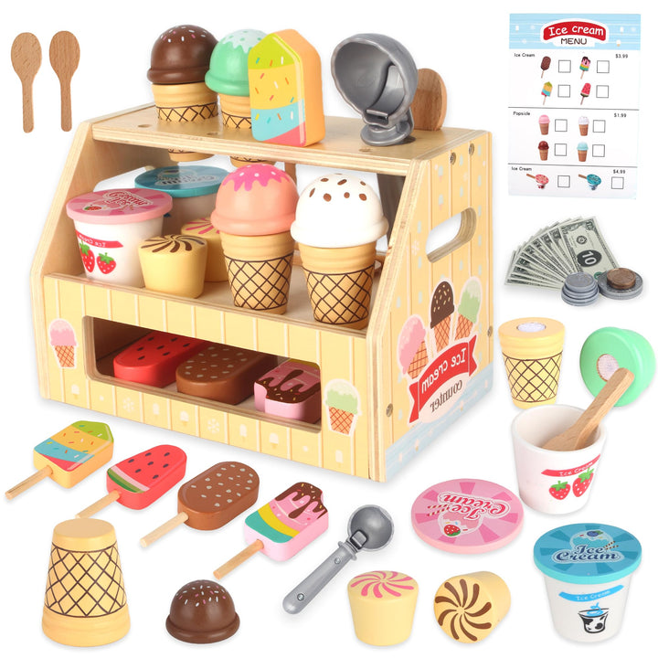 Eisdiele Kinder Holz, Eisladen Kinder Holz mit Eisstand, Langlebiges EIS Spielzeug für Kinder, Kinde