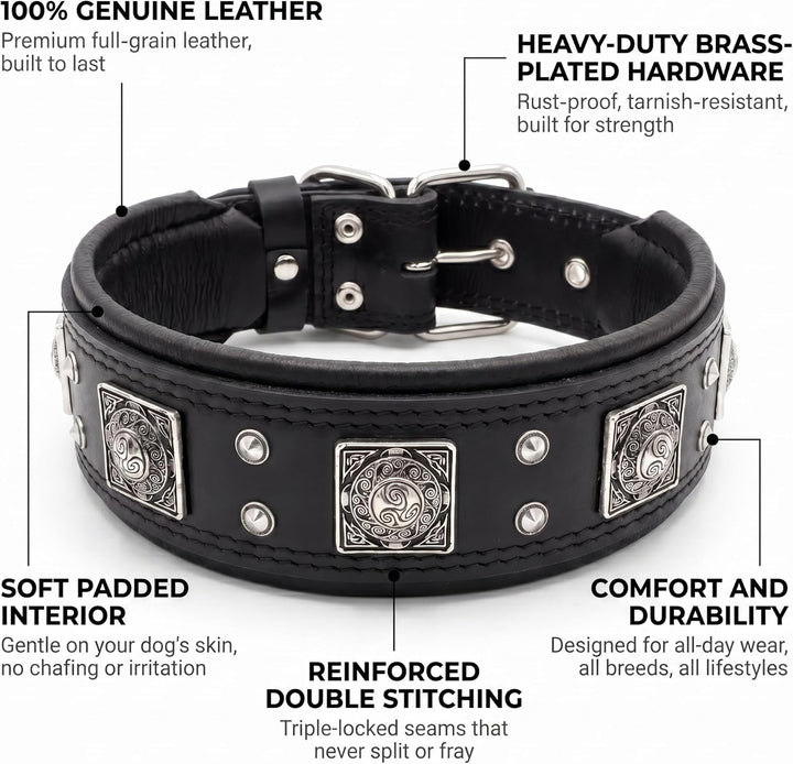 Bestia® EROS Lederhalsband für grosse Hunderassen mit Altsilber Dekoration und weicher Innerpolsteru