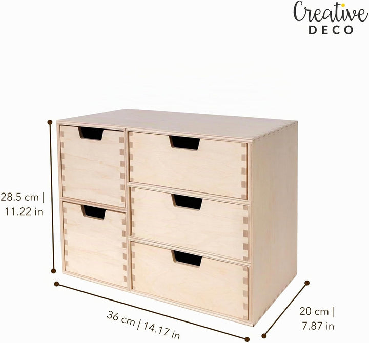 Creative Deco Kleine Kommode aus Holz | 5 Schubladen | 36 x 20 x 28,5 cm | Schreibtisch-Organizer |