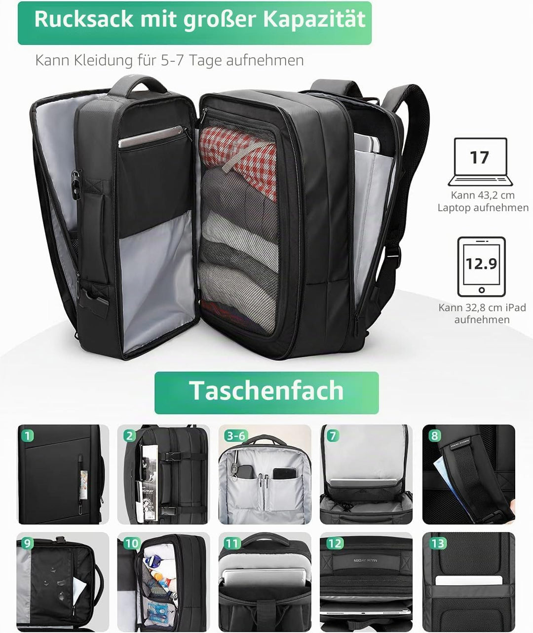 MARK RYDEN Erweiterbarer 26L-38L Rucksack,Business Herren, Laptop-Tasche 17 Zoll,Hydrophobe Stoffe,