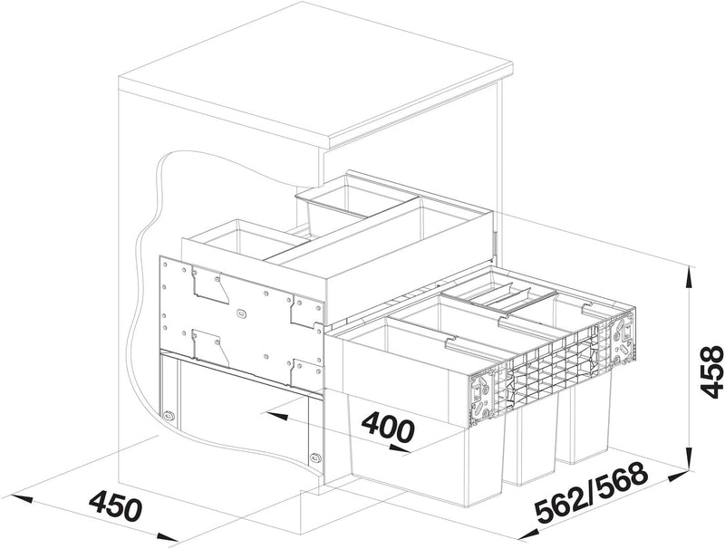 BLANCO SELECT II 60/4 Orga | Kunststoff, Alu | 60er Unterschrank | Auszugssystem zur Frontanbindung