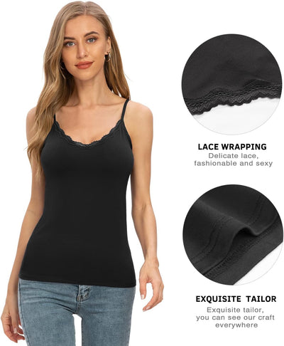 Damen Tanktop mit Spitzen Unterhemd Spaghettiträger Basic Top V-Ausschnitt Verstellbare Trägertop 4e