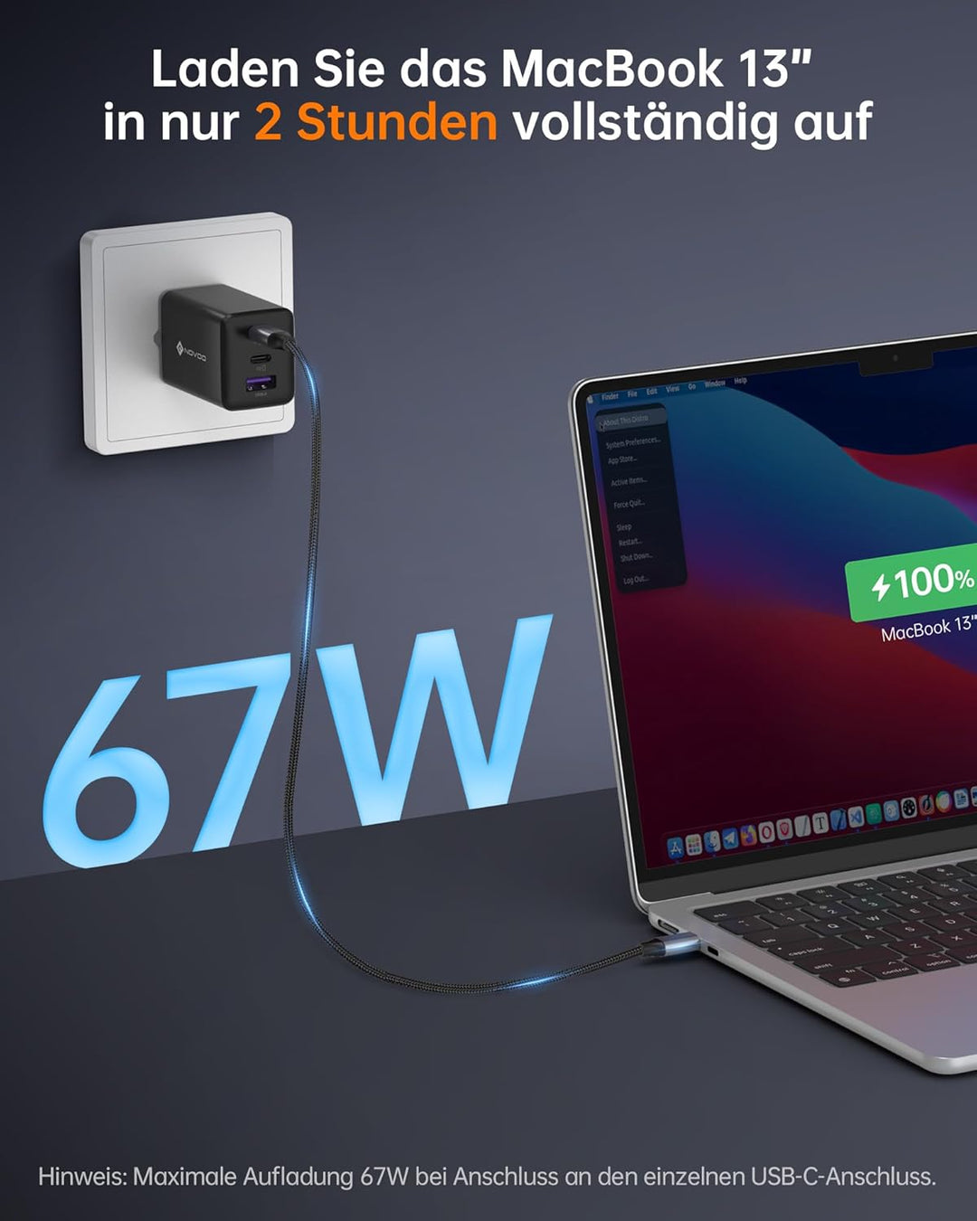 NOVOO 67W USB C Ladegerät 3-Port GaN Ⅲ USB C Netzteil Schnellladegerät mit 2 PD 100W Typ-C-Kabeln Wa