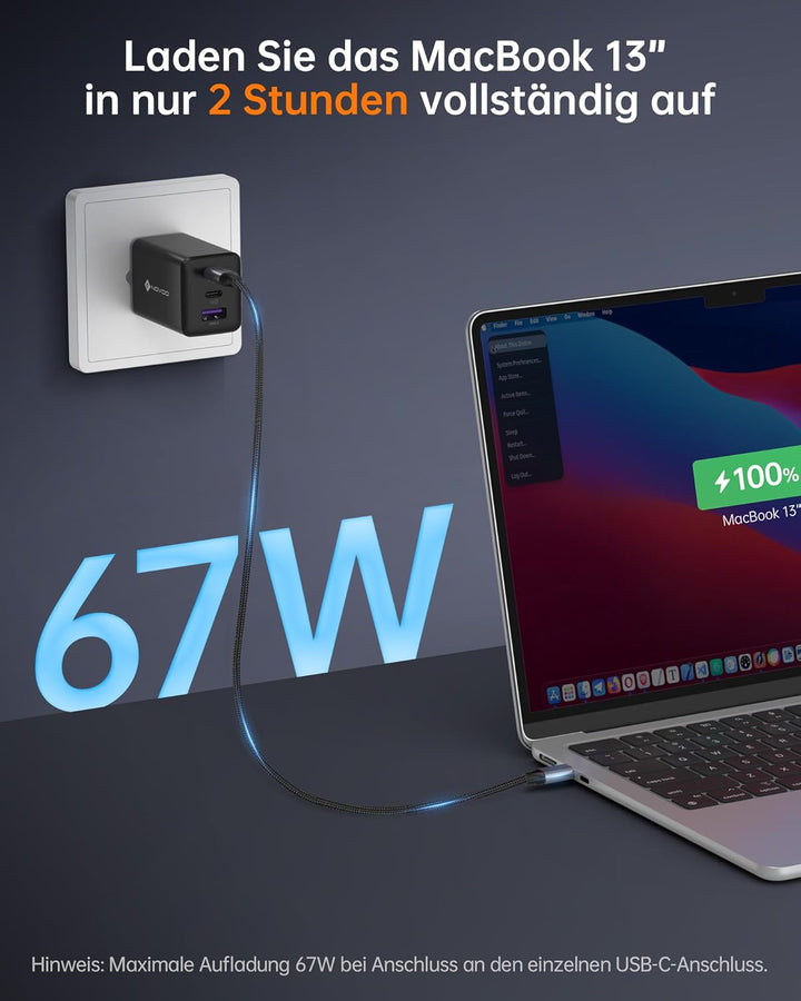 NOVOO 67W USB C Ladegerät 3-Port GaN Ⅲ USB C Netzteil Schnellladegerät mit 2 PD 100W Typ-C-Kabeln Wa