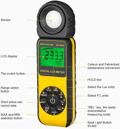 AOPUTTRIVER AP-881E Belichtungsmesser, Digitale Luxmeter, Lichtmessung Photometer 300,000 Lux mit Da