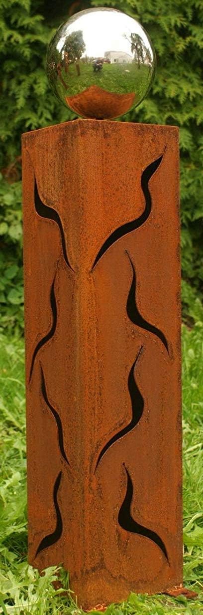 Gartendeko Säule 60 cm Rost Skulptur mit Edelstahlkugel