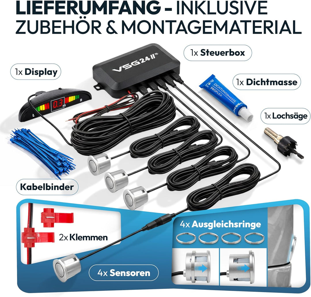 VSG24 Premium Einparkhilfe hinten mit Display zum nachrüsten am Auto, PDC Parksensoren hinten mit St