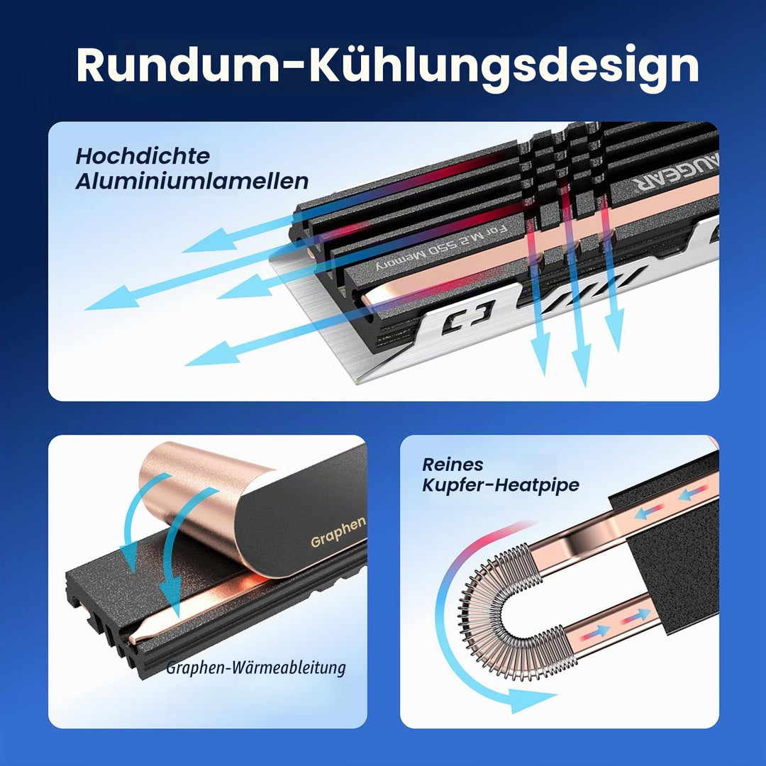 GRAUGEAR HeatPipe-Kühlkörper für M.2 NVMe SSD (2280), für PC, Computer Speichererweiterung, mit Ther