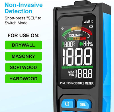 MESTEK WM710 Nadelfreies Hygrometer, digitaler Trockenwandfeuchtemelder, LCD-Display Wandfeuchtemess