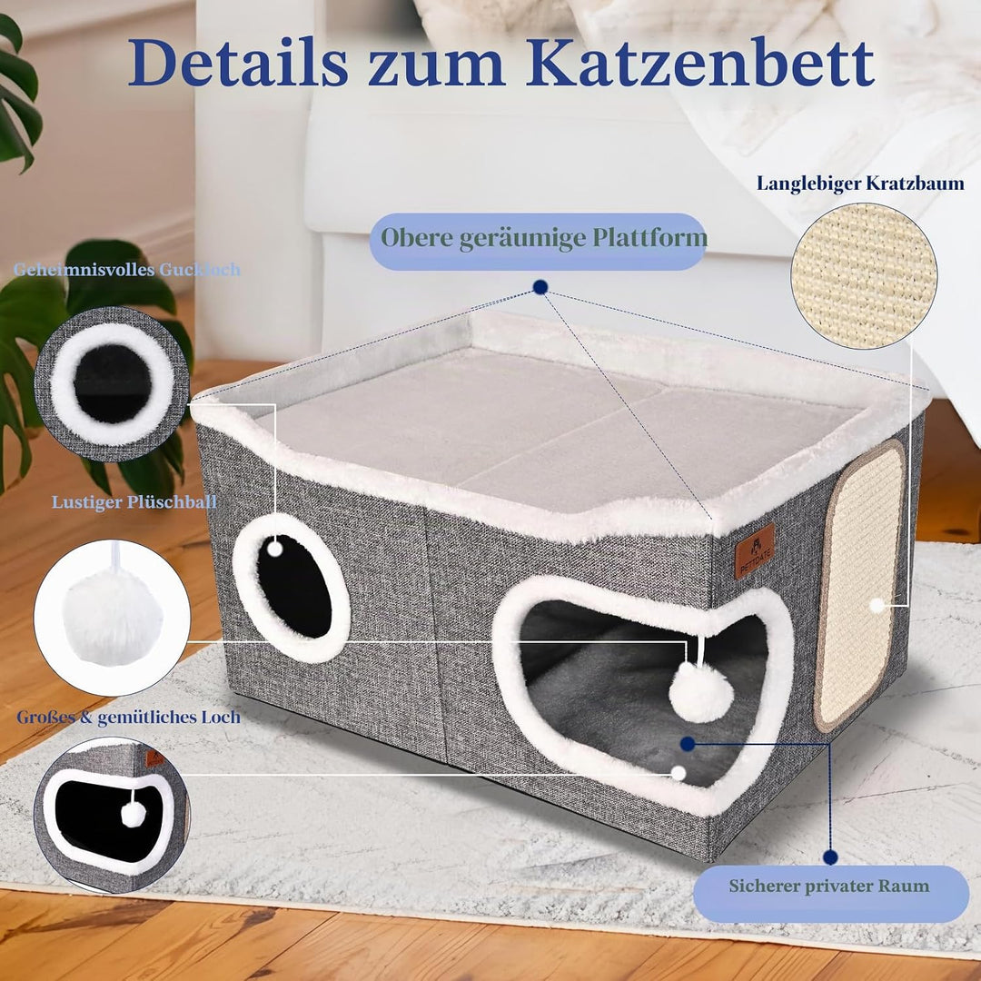 Extra Grosse Katzenhaus Indoor, 2-stöckige Kuschelhöhle mit Kratzbrett und Spielball, Katzenhöhle fü