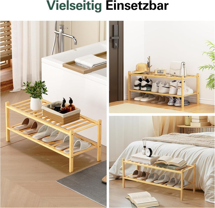 Schuhregal aus Bambus, Schuhablage mit 2 Ebenen, 68 x 28 x 32 cm, Erweiterbar Stapelbar, Schuhschran