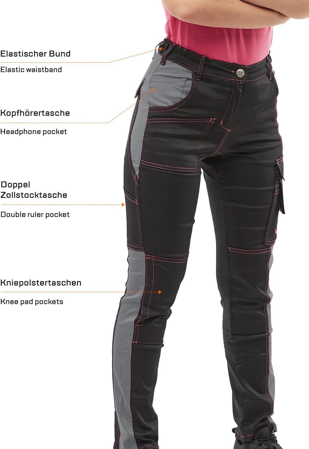 strongAnt Damen Arbeitshose komplett Stretch für Frauen Bundhose mit Kniepolstertaschen Schwarz Grau