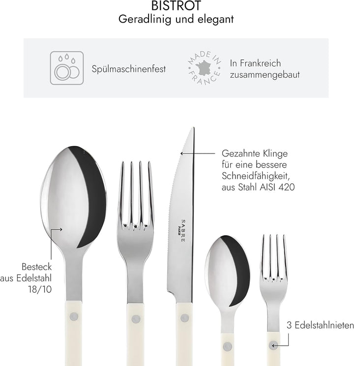 SABRE PARIS - Tafelbesteck, 5-teilig - Bistrot - Messer, Gabel, Esslöffel, Teelöffel & Kuchengabel -