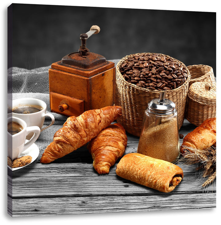 Pixxprint Aromatischer Kaffee mit Croissant als Leinwandbild/Grösse: 70x70 cm/Wandbild/Kunstdruck/fe