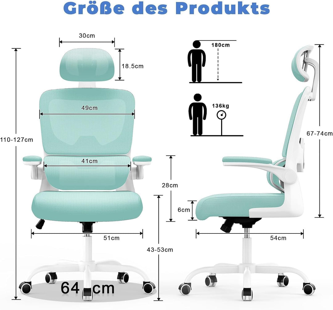 naspaluro Bürostuhl Ergonomischer, Schreibtischstuhl mit Hochklappbaren Armlehnen, Dynamischer Lordo