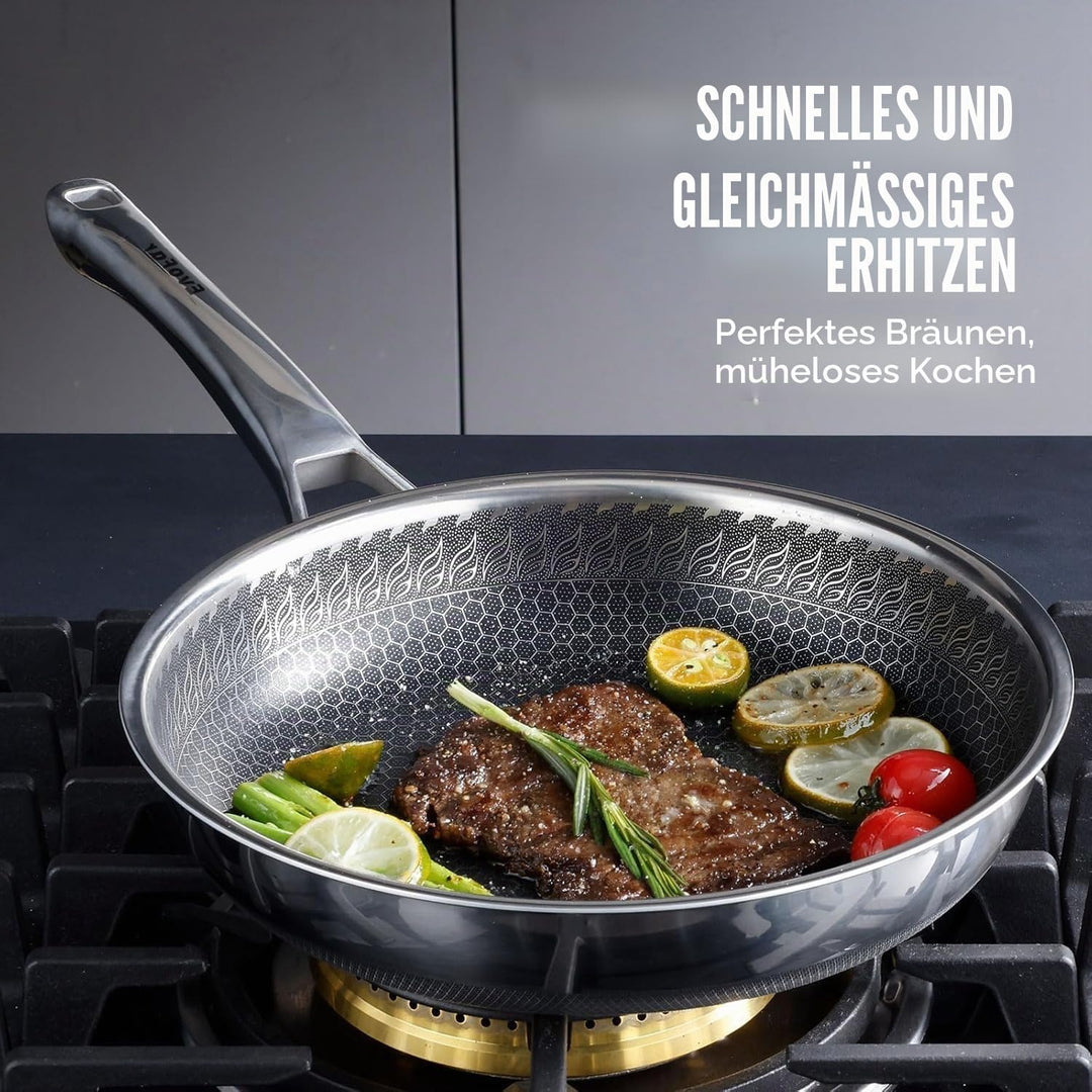 Edelstahlpfanne 24 cm mit Deckel, 3-Schicht Antihaft Wabenpfanne, ergonomischer Edelstahlgriff, Edel