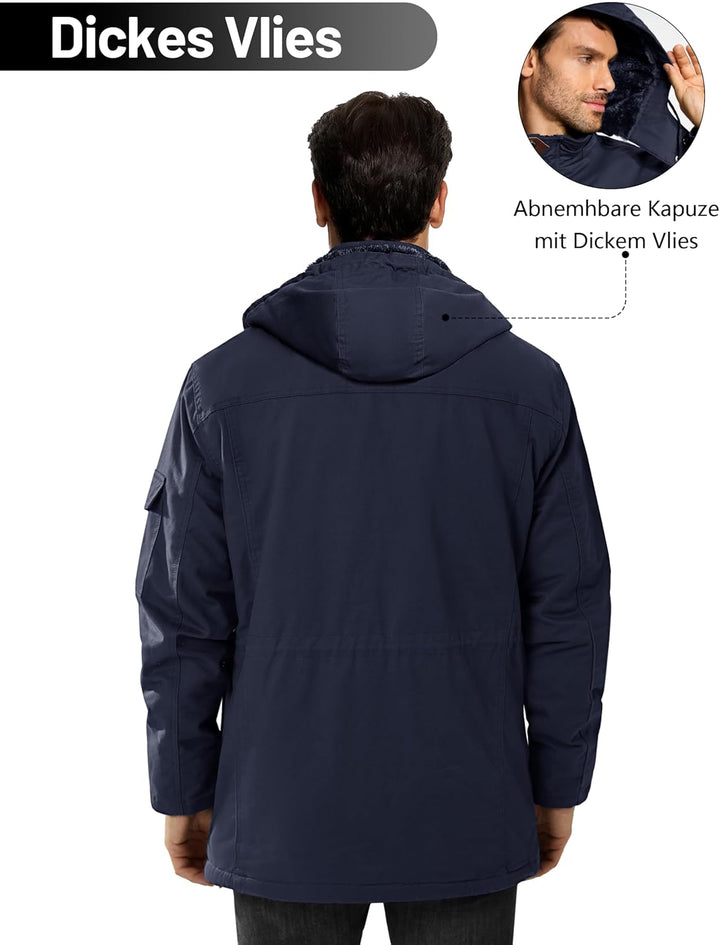 KEFITEVD Winterparka Herren Fleece Gefüttert Winterjacke mit Viele Taschen Kapuze Warm Winter Mantel