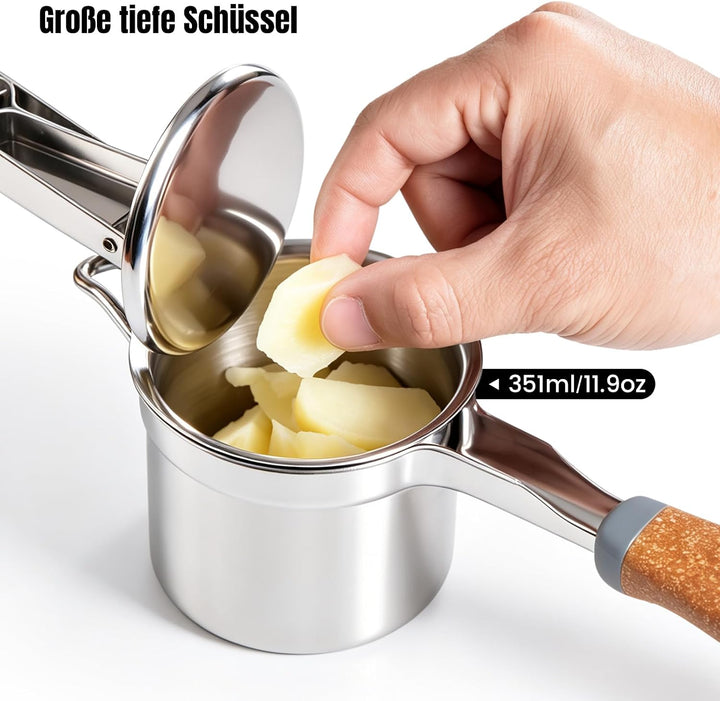 Kartoffelpresse Edelstahl mit fester Scheibe, Robuster Kartoffelstampfer mit Holz-Kunststoff-Griff,