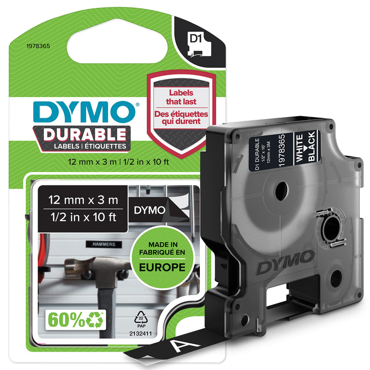 DYMO Original D1 Hochleistungs-Etikettenband | weiss auf schwarz | 12 mm x 3 m | permanent haftendes