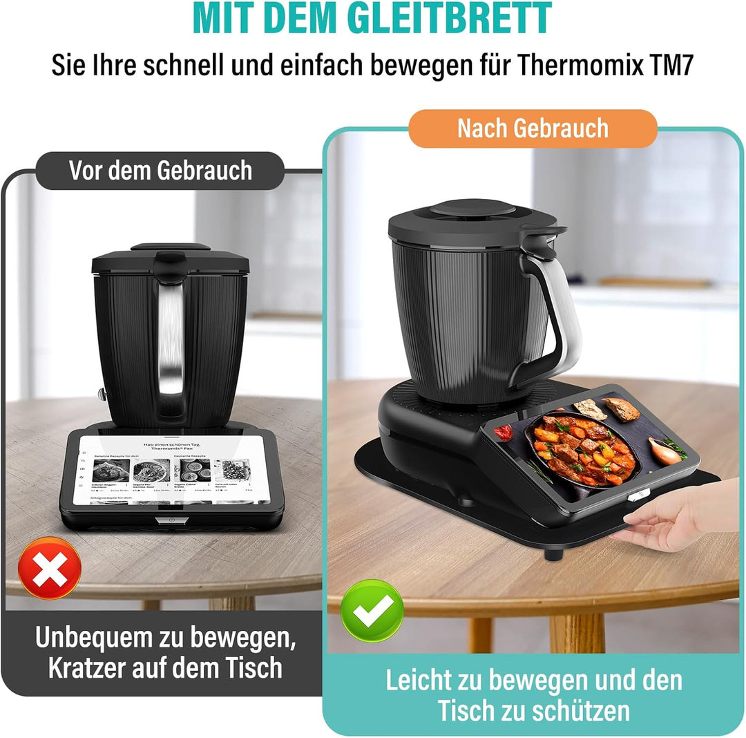 Acryl Gleitbrett für Thermomix TM7 – Mit 360° Rollen + Rutschfest Gummifüsse des Schnelles Bewegen/S