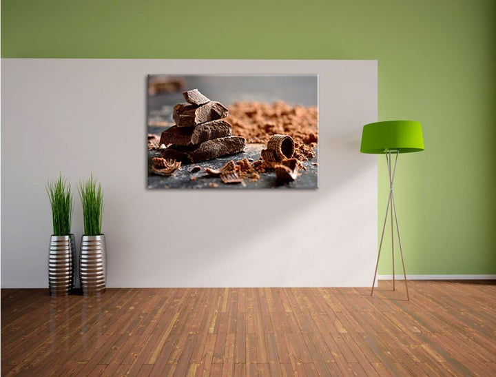 Dunkle Schokoladenraspeln, Format: 100x70 auf Leinwand, XXL riesige Bilder fertig gerahmt mit Keilra