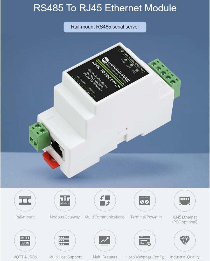 Waveshare RS485 to RJ45 Ethernet Converter Module, Industrial Rail-Mount Isolated RS485 Serial Serve