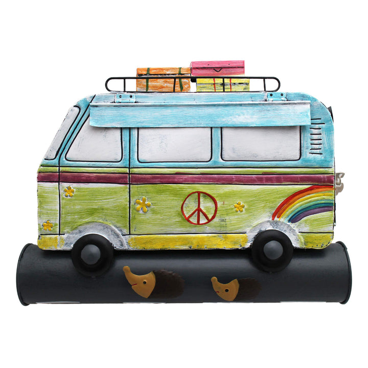 Briefkasten Postkasten Metall bemalt,Wandbriefkasten mit Zeitungsrolle A4, (Hippie Bus bunt), Hippie