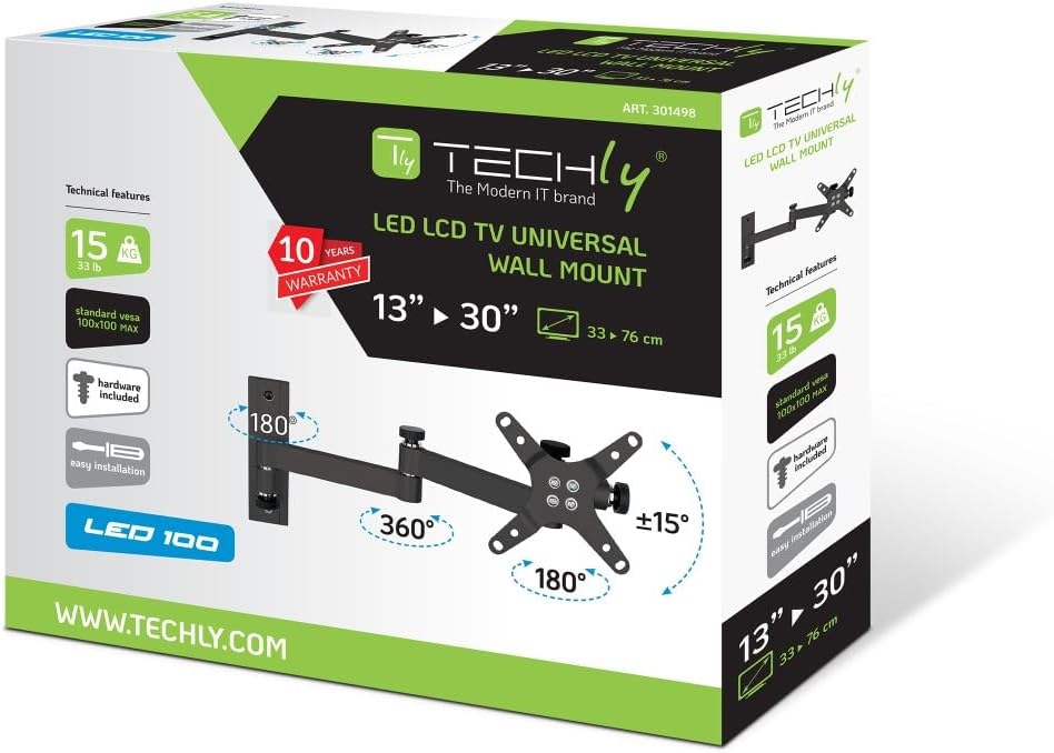 Techly ICA-LCD-104BK Wandhalterung für LCD 33.02 cm (13 Zoll) - 76.2 cm (30 Zoll) neigbar 3 Gelenke,