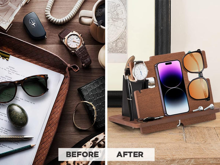 Geschenke für Männer Weihnachten Holz Telefon Dockingstation Uhren Schlüssel Geldbörsenständer Männe
