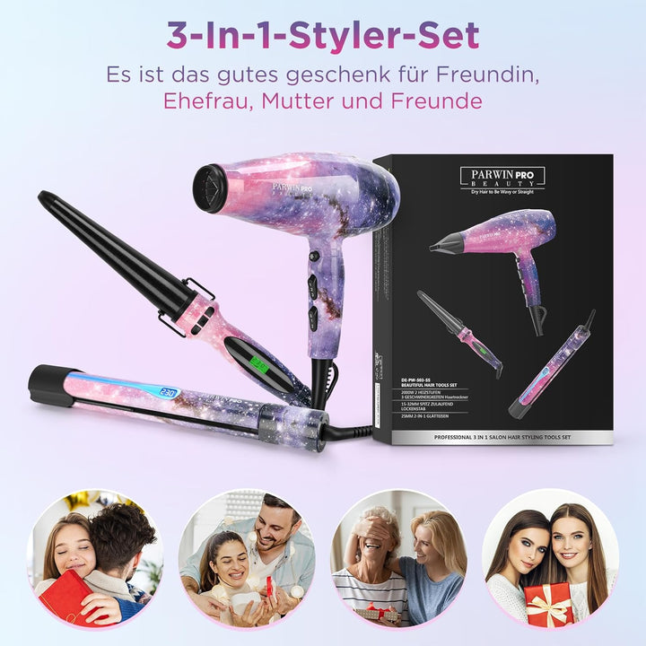 PARWIN PRO BEAUTY 3 IN 1, Föhn Glätteisen Lockenstab, Styling Set, Ionen Haartrockner, Glätteisen Lo