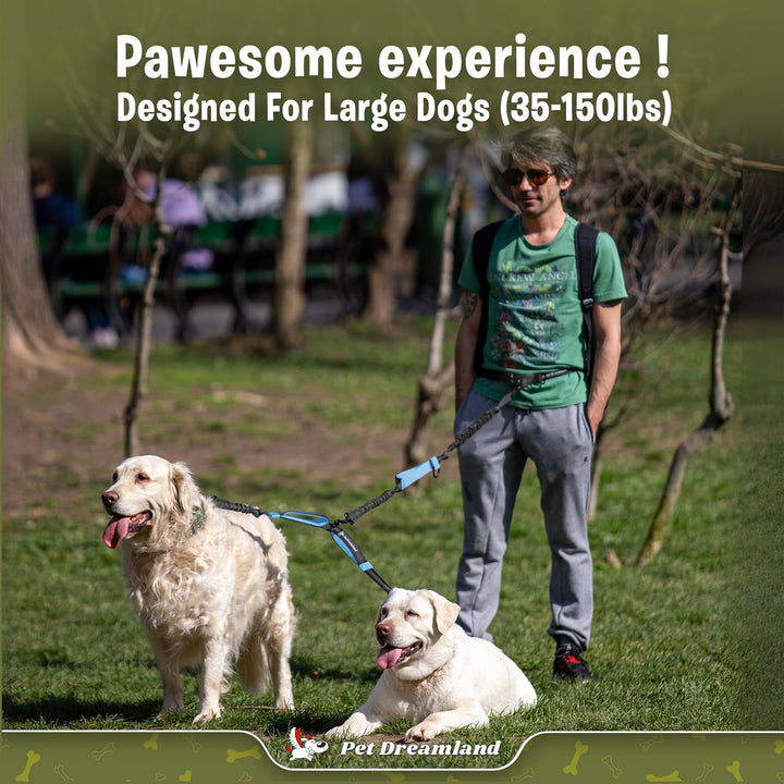 Double Dog Leash for Big Dogs - Two Dogs Coupler Hands Free No Pull Tandem Dual Leash for Large Dogs