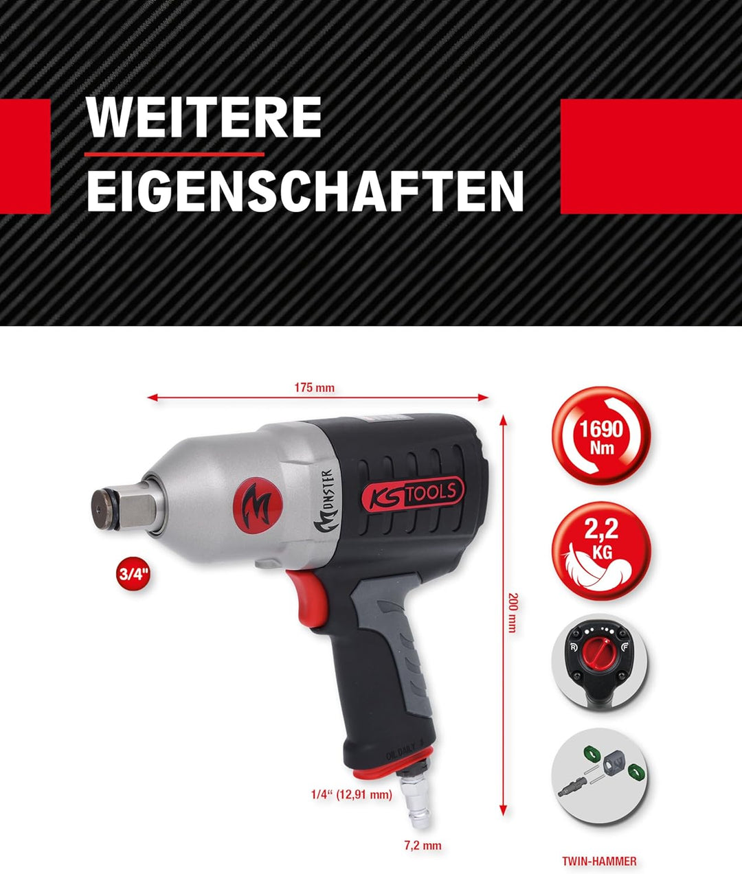 KS Tools Hochleistungs Schlagschrauber Druckluft MONSTER 3/4" 515.3785 I 3-fache Drehmomentvorwahl 5