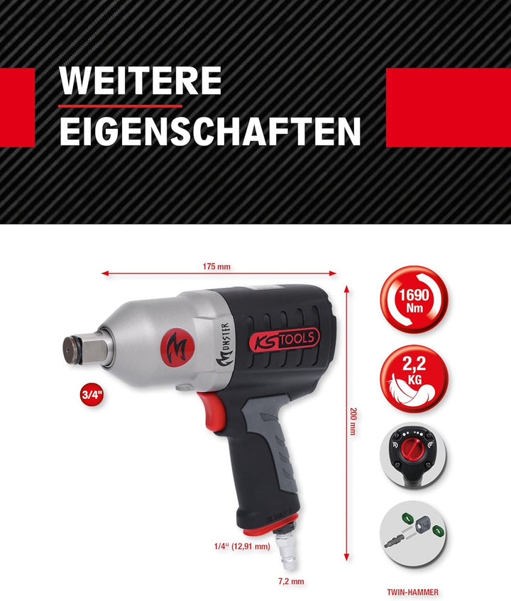 KS Tools Hochleistungs Schlagschrauber Druckluft MONSTER 3/4" 515.3785 I 3-fache Drehmomentvorwahl 5