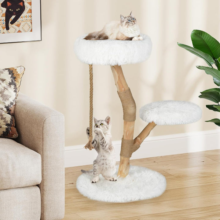 COSTWAY 90 cm Kratzbaum Holz, Katzenbaum mit Kratzpfosten aus Jute und Massivholz, 3 Plüschsitzfläch
