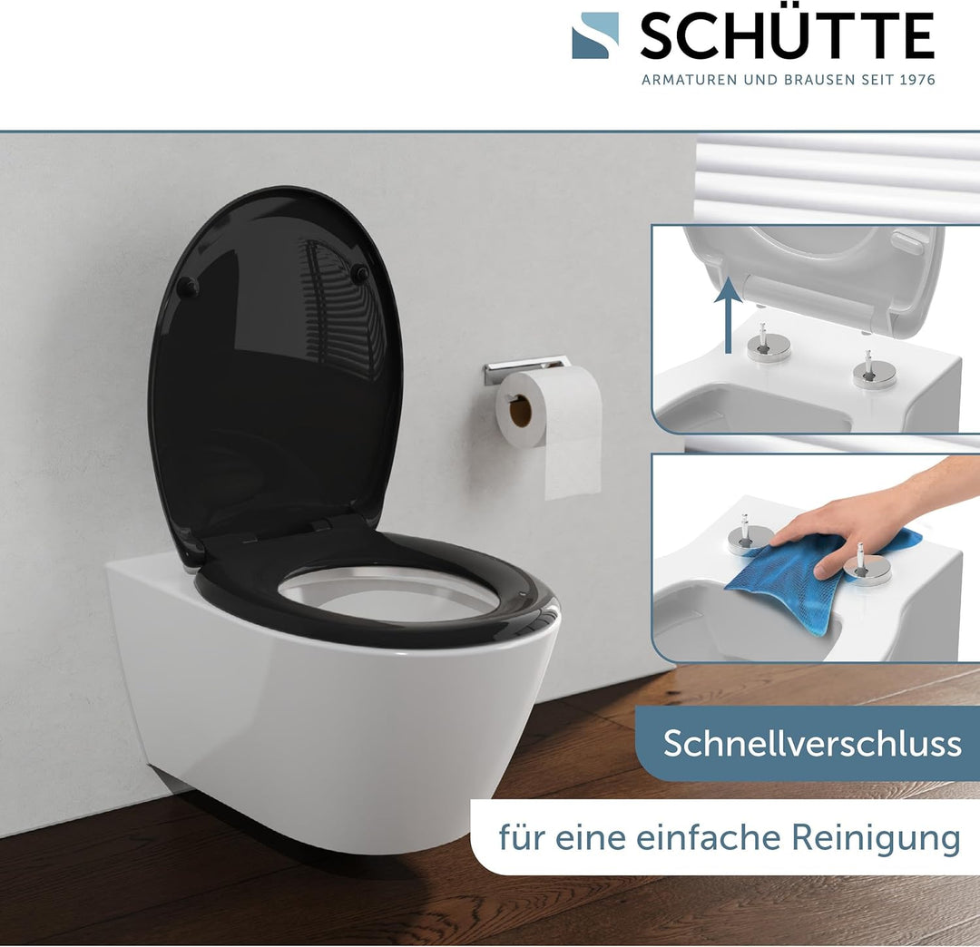 SCHÜTTE WC-Sitz mit Absenkautomatik, Abnehmbarer Klodeckel aus bruchsicherem Duroplast Schwarz, Schw