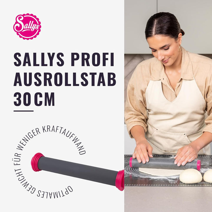 Sallys Profi Ausrollstab- 30 cm, Antihaftbeschichtetes Nudelholz aus Silikon, Teigroller mit abnehmb
