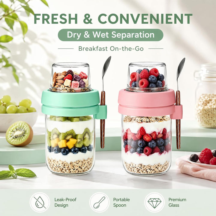 Müslibecher to Go mit Löffel,Joghurtbecher mit Toppingbehälter 480ml + 120ml,Overnight Oats Glas, Au