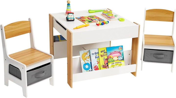Yorbay Kindertisch mit 2 Stühle, Kindermöbel Set aus Holz mit Stauraum und Bücherregalen, 3 in 1 Mal