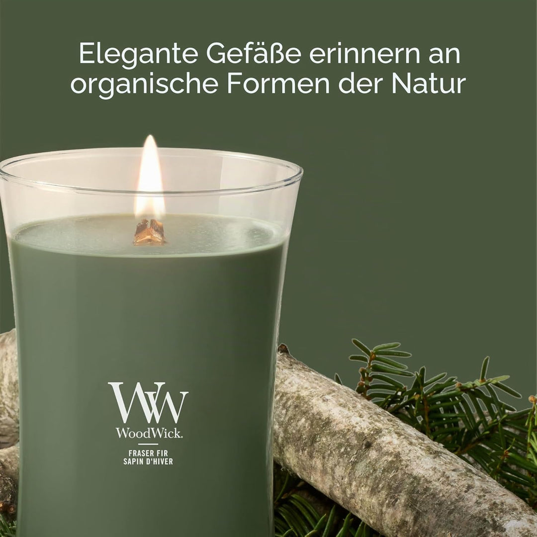 WoodWick Grosse Duftkerze im Sanduhrglas mit knisterndem Docht | Fraser Fir | bis zu 130 Stunden Bre