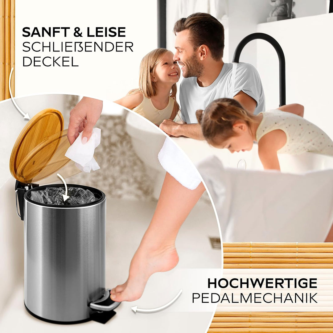 HIBATH® Kosmetikeimer mit Bambusdeckel - Badezimmer Mülleimer mit softclose Absenkautomatik - hochwe