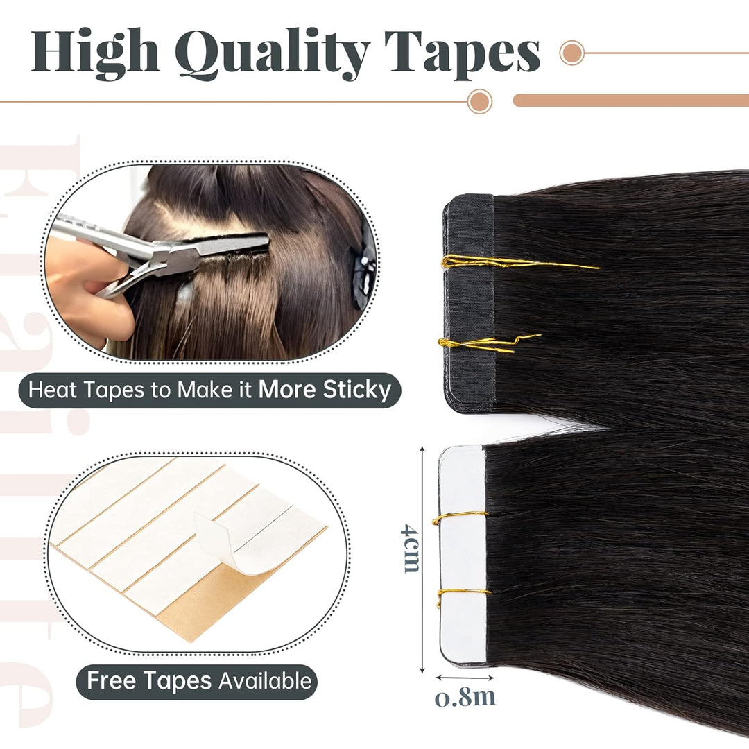 Elailite Echthaar Extensions Tape in #1B Naturschwarz 20 stück Invisible Kleber Haarverlängerung Kle