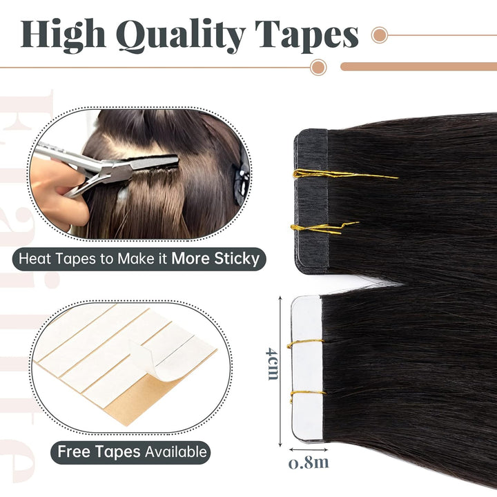 Elailite Echthaar Extensions Tape in #1B Naturschwarz 20 stück Invisible Kleber Haarverlängerung Kle