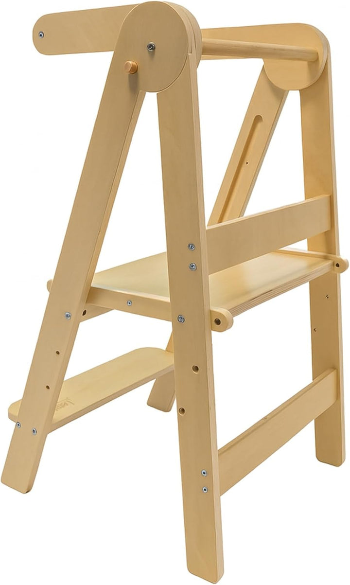 Lemodo Montessori Lernturm klappbar aus Birkenholz, 3-Fach höhenverstellbar, Natur lackiert, bis 50