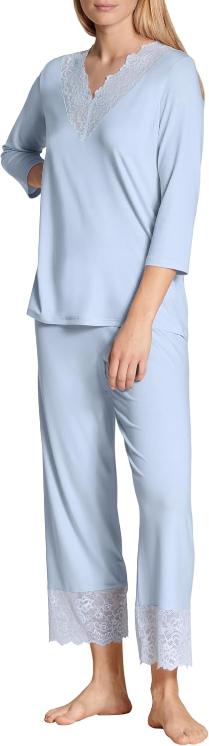 CALIDA Elegant Dreams 7/8-Pyjama Damen, luftiger Schnitt, mit Spitzendetails, fliessend und anschmie