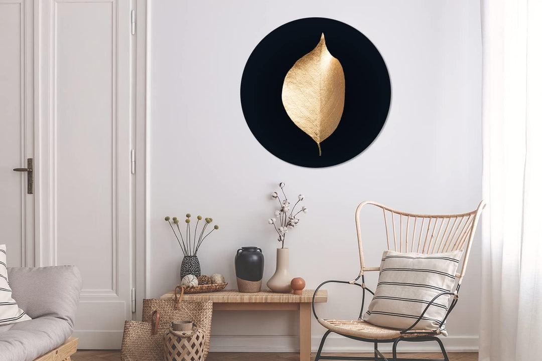MuchoWow Wandbild Rund Wanddeko Deko Wohnzimmer Bilder 90x90 cm Blätter - Gold - Schwarz - Pflanzen