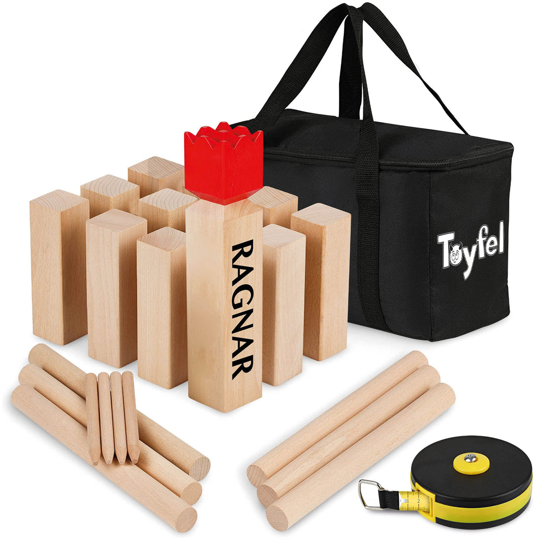 Toyfel Schwedenschach XXL – Kubb Spiel aus Massivholz Geschicklichkeitsspiel - Outdoor Spiel mit pra