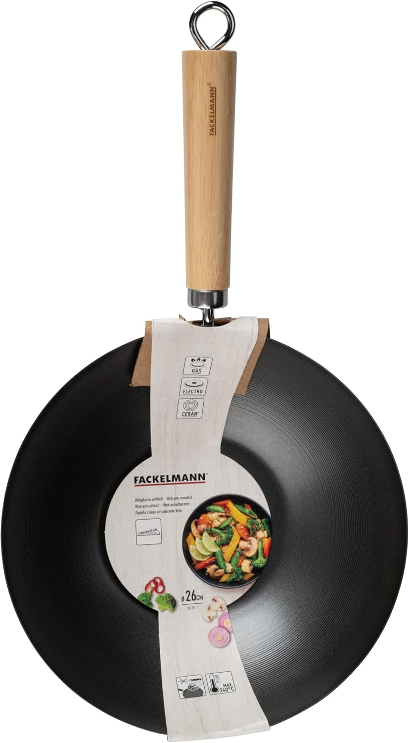 FACKELMANN Wokpfanne 26 cm – Wok zum Kochen, Schmoren und Braten – Für Gas-, Ceran- und Elektroherd